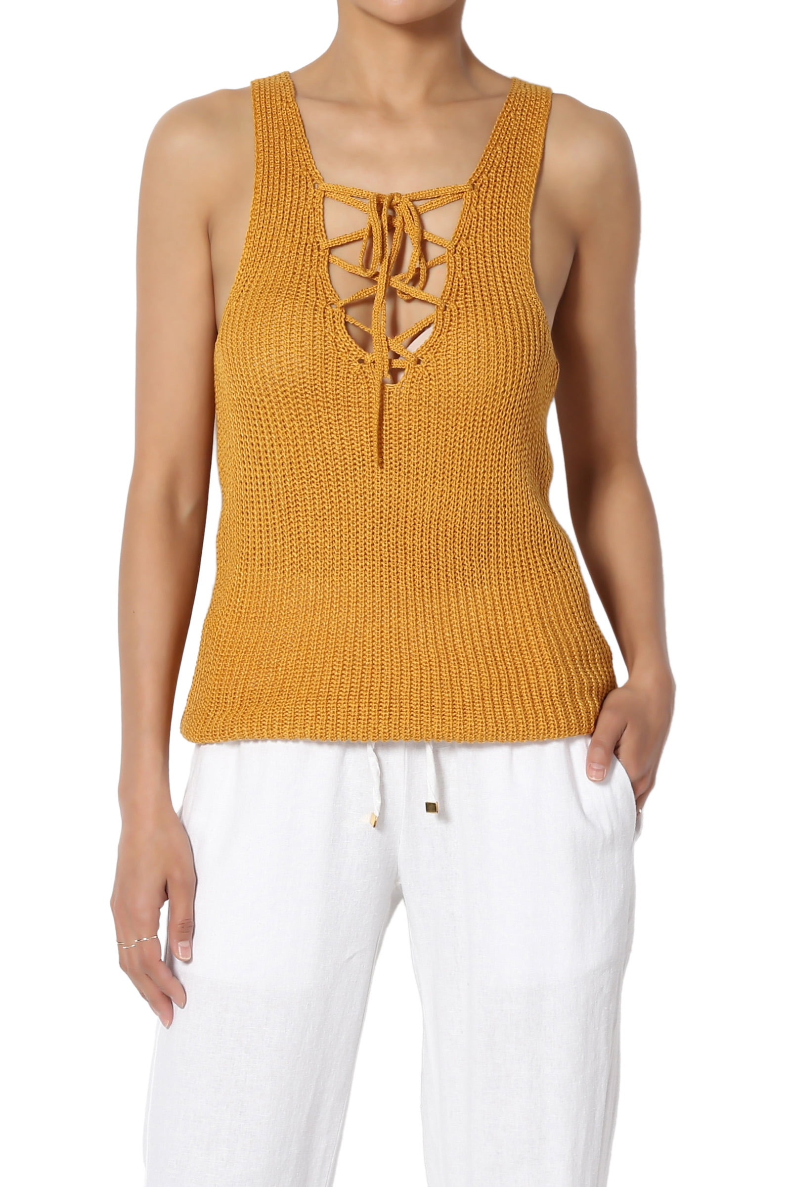 TheMogan Women's Lace Up VNeck Knit Sweater Tank Top Sleeveless Summer