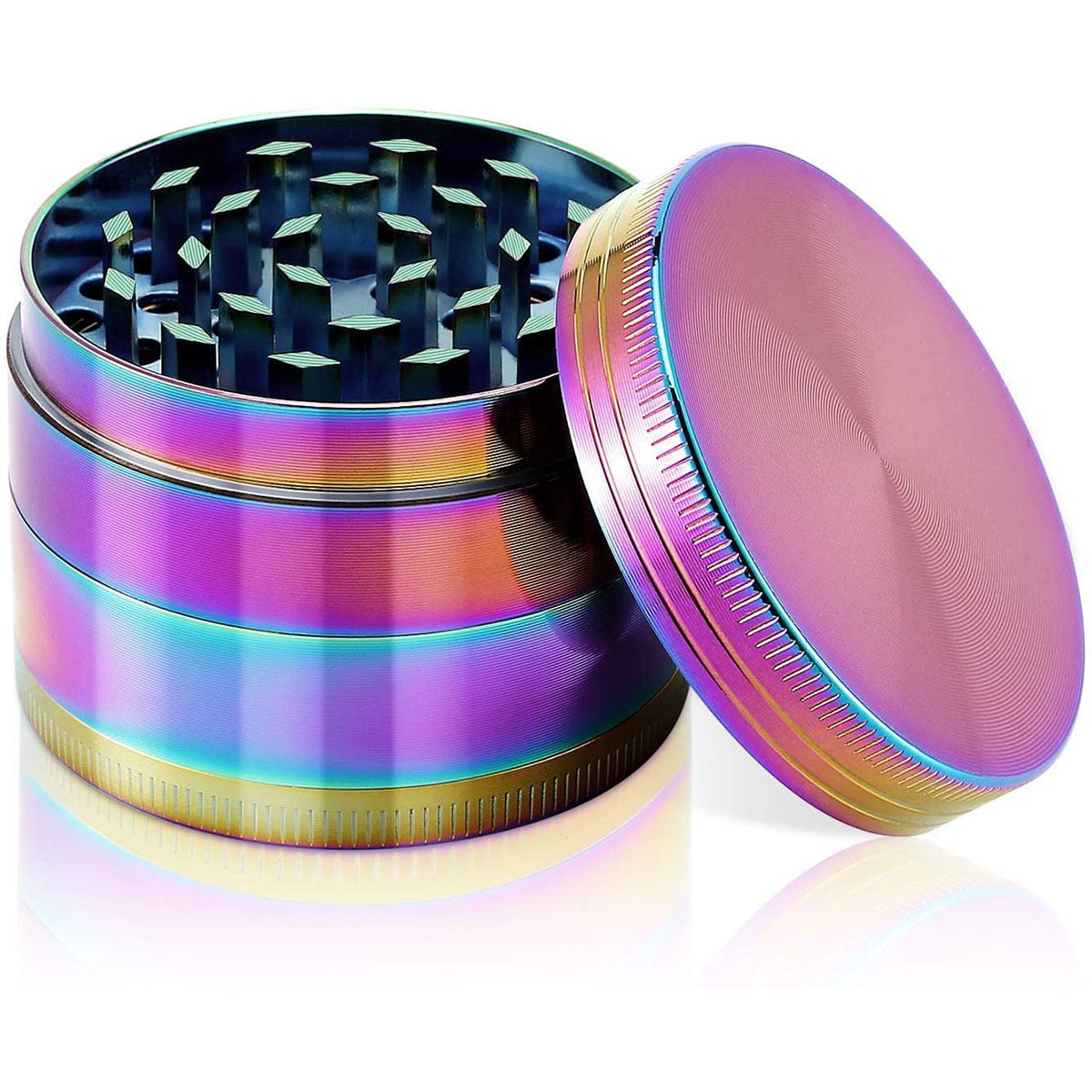 DCOU New Design rainbow herb Grinder 2.2 Inches 4 Piece Tobacco Grinder with Pollen Catcher Durable Zinc Alloy Heavy Duty Spice Grinder with Easy Access Window 