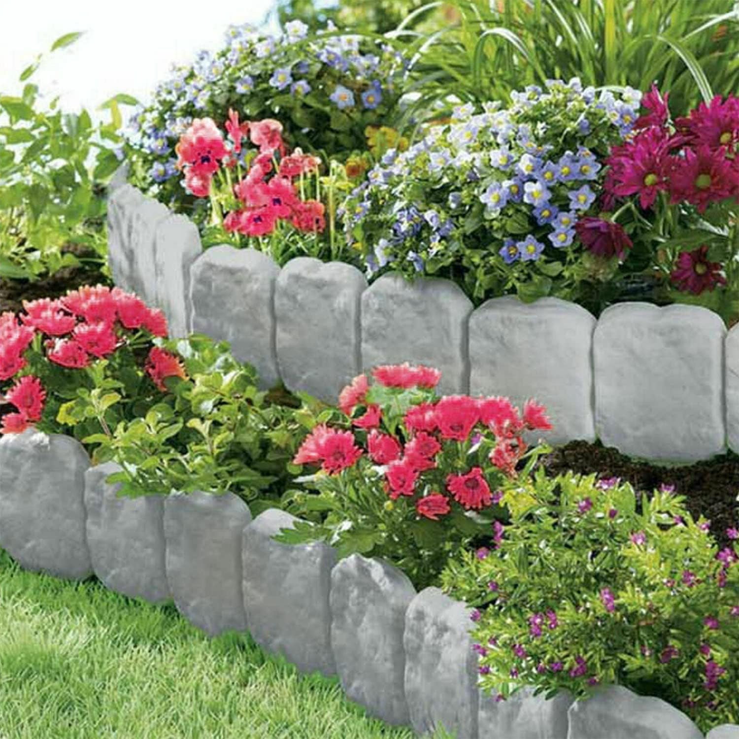 20PC Stone-Look Garden Edging Kit (16ft) - Interlocking Landscape Borders with Stakes | Dig-Free UV-Resistant Lawn & Flower Bed Barrier