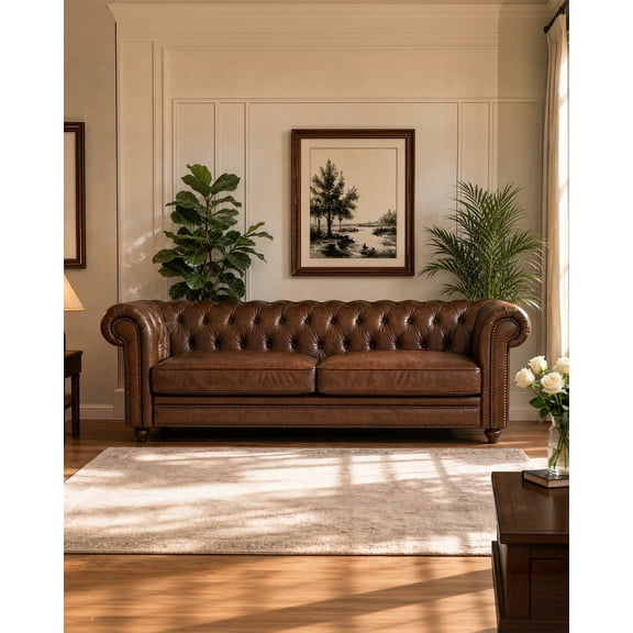 ZETTEN 81" 3-Seater Full Grain Leather Chesterfield Sofa Couch, Mid Century, Solid Wood Frame with Legs, Supportive Cushions, Easy Assembly & Clean, Classic Vintage for Living Room Office, Brown