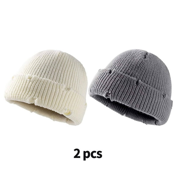 TELOLY 2 Pcs Mens Hats,Short Winter Style Beanie,Ear Protection Thickened Knit Beanies Hats Men,White,Gray