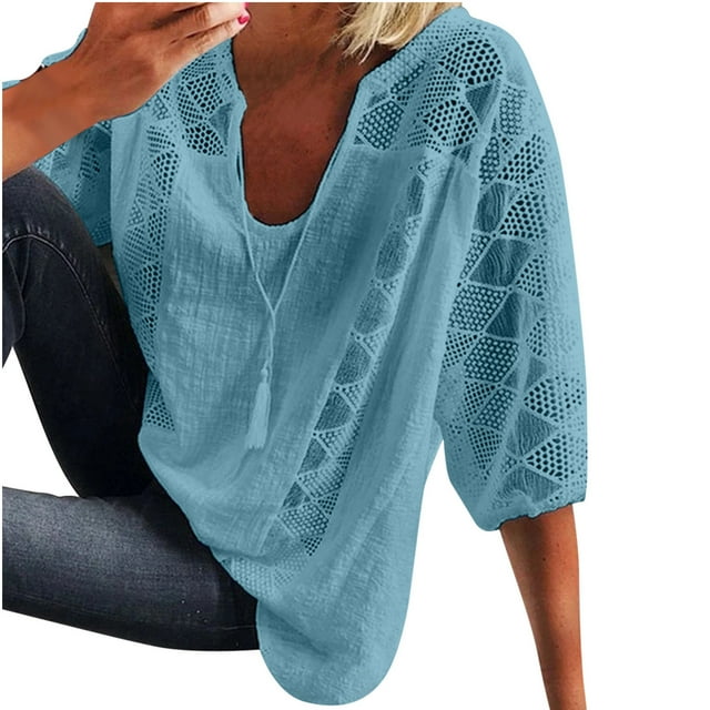 Pompotops T-Shirt Ample à Manches 3/4 avec Col en V et Dentelle pour Femmes