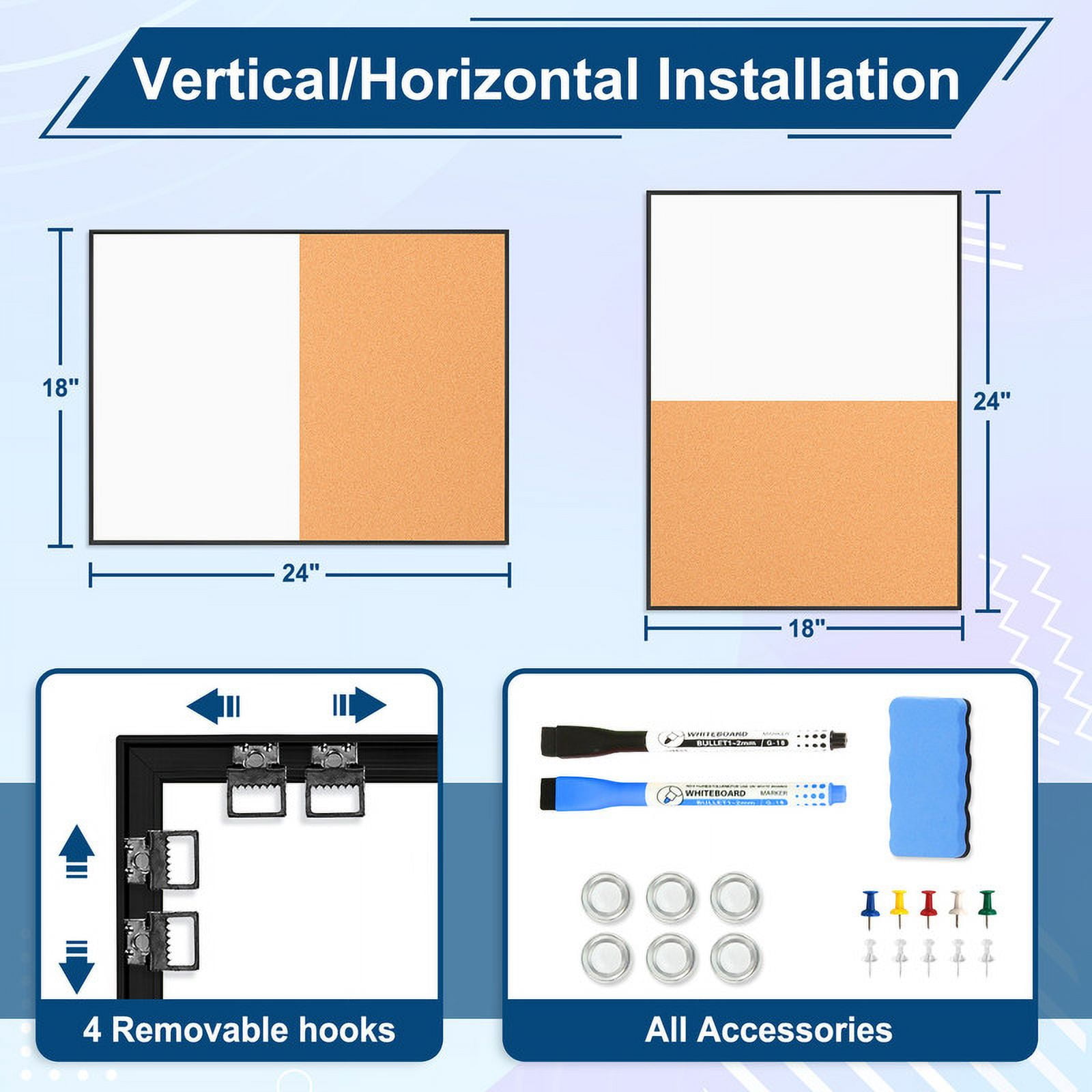 Cork Board White Board Combo, 24"x18" Small Bulletin Board for Wall, Magnetic Dry Erase Corkboard, Vision Whiteboard for Office,Home,School, Black Frame