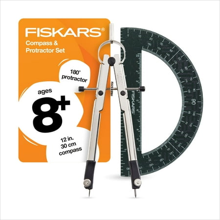 Fiskars 12-inch Metal Compass with 180-Degree Protractor  School Math Supplies  Black (1-Pack)