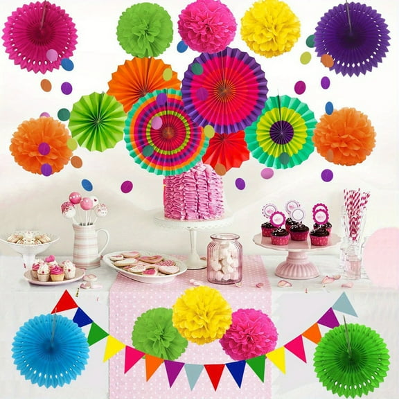 [Vibrant Paper Fan Set] 20pcs Vibrant Paper Fan and Pom Pom Set - Colorful Party Decorations - Perfect for Birthday, Wedding, Fiesta, Mexican Celebrations, Winter, New Year