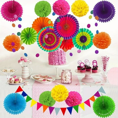 [Vibrant Paper Fan Set] 20pcs Vibrant Paper Fan and Pom Pom Set - Colorful Party Decorations - Perfect for Birthday, Wedding, Fiesta, Mexican Celebrations, Winter, New Year
