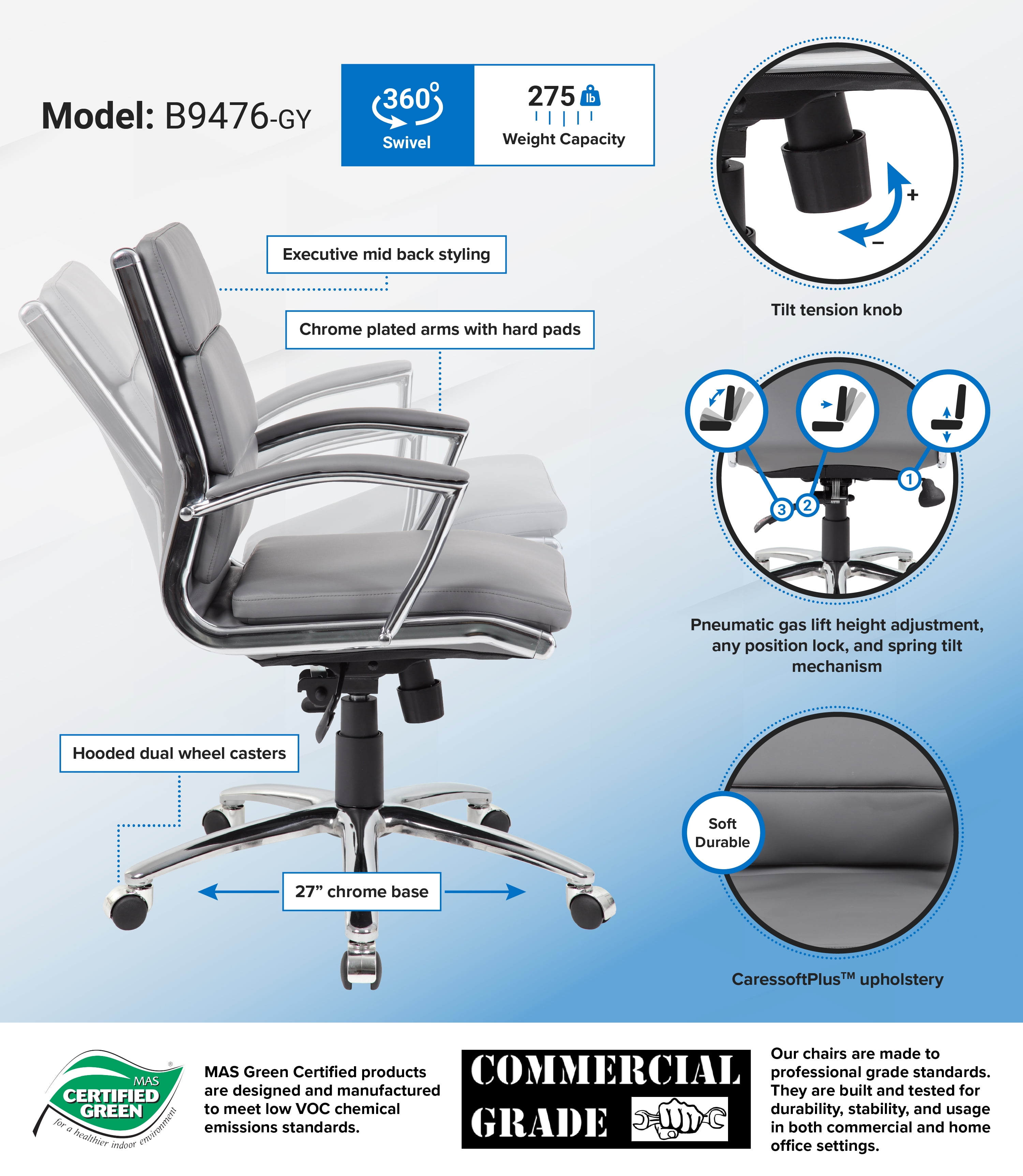 Boss Office Products Executive Modern Mid Back Office Desk Chair, Multiple Colors
