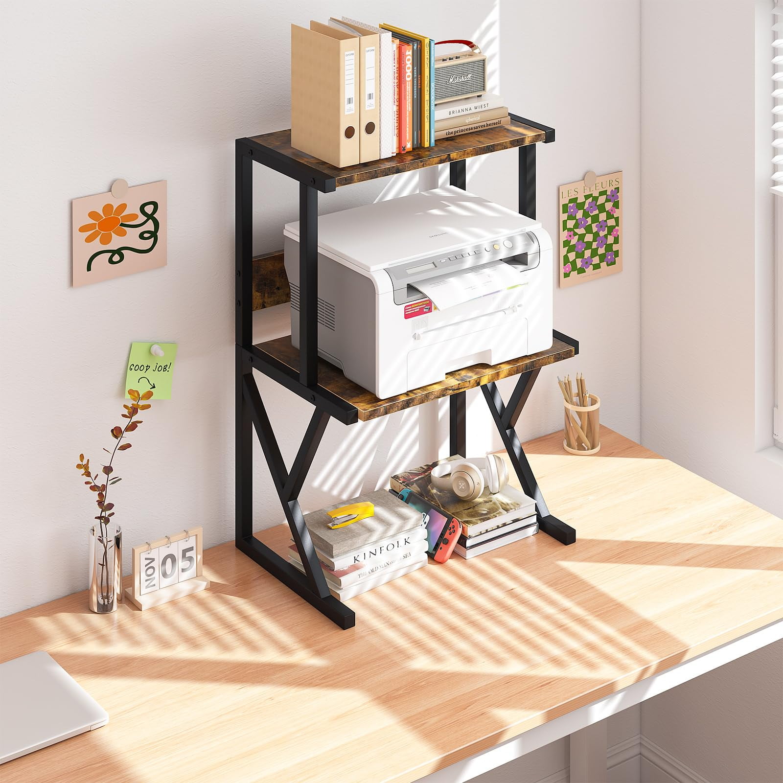 Desktop Printer Stand with 3 Tier Wood Storage Shelves,Under Desk Printer Table,Multi-Purpose Home Office Desk Organizer for Fax Machine, Scanner (Brown)