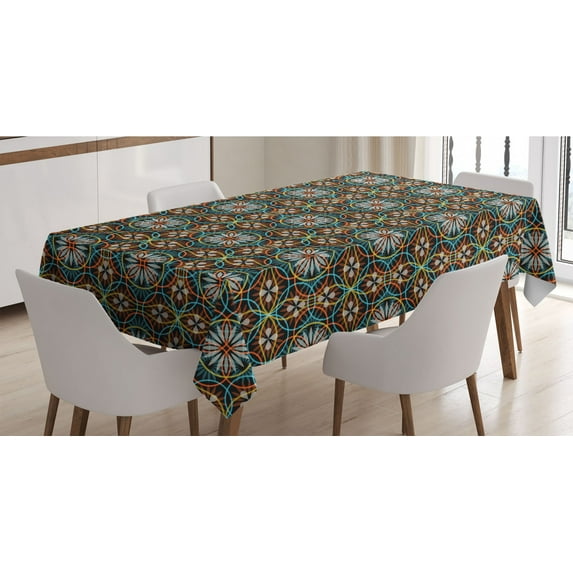 Floral Tablecloth, Modern Overlapping Circle and Flora Pattern on Black Colorful Abstract Art Design, Rectangle Satin Table Cover for Dining Room and Kitchen, 52" X 70", Multicolor, by Ambesonne