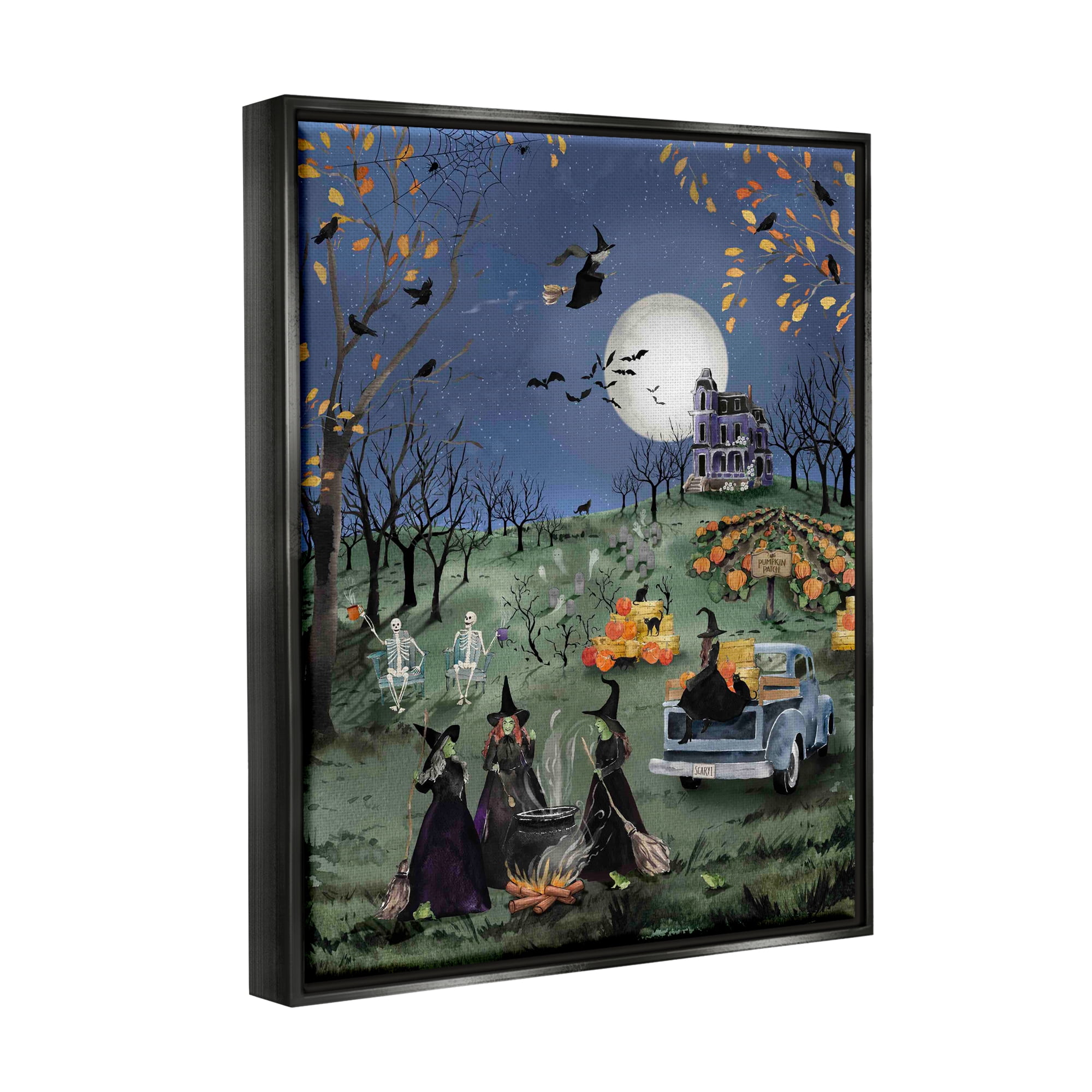 Stupell Industries Autumnal Witches Scene Holiday Painting Black Floater Framed Canvas Art Print Wall Art, 25 x 31