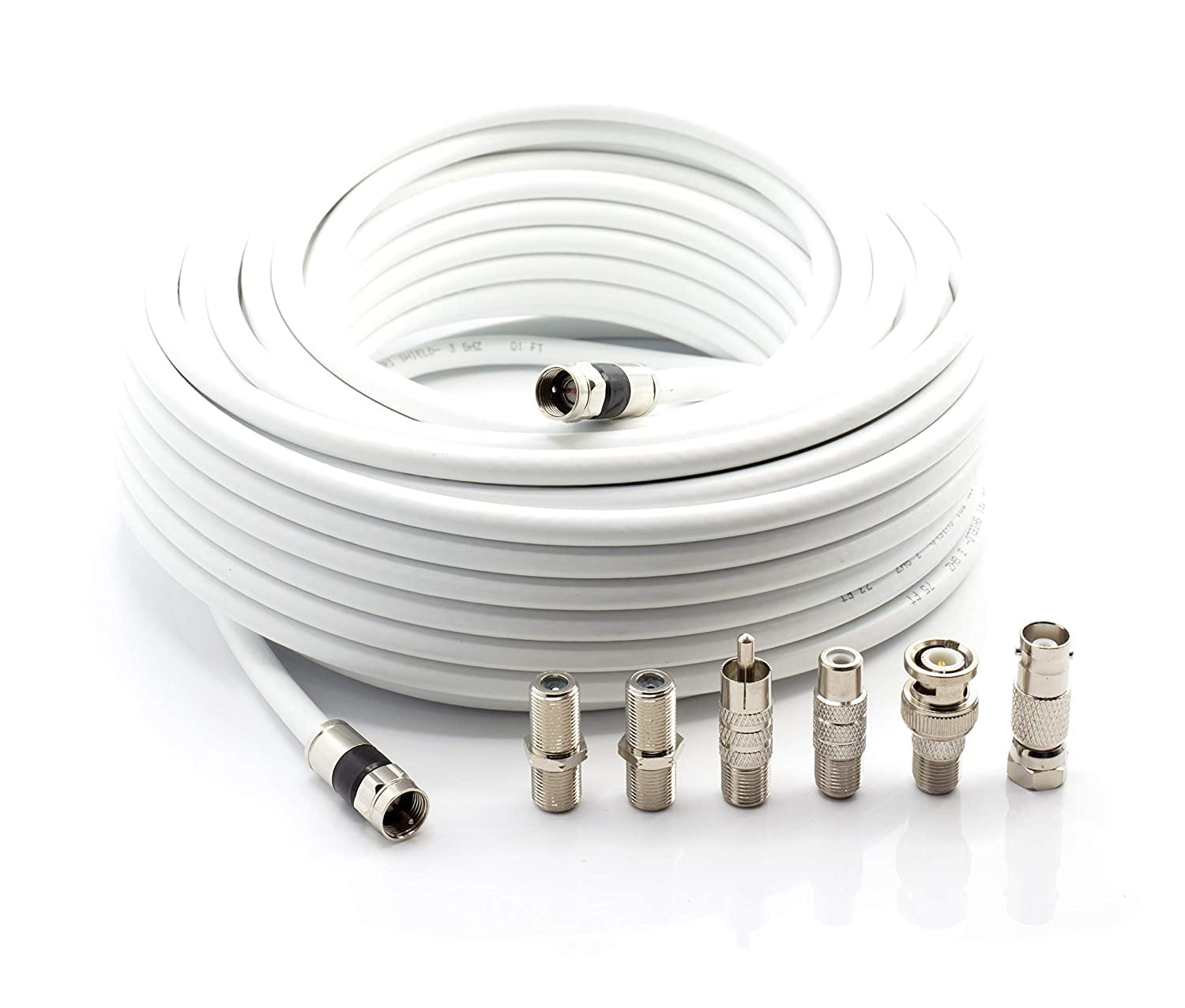 THE CIMPLE CO - 50' RG6 White & 6 Universal Coaxial Cable Connector Ends - F81 RCA BNC Adapters