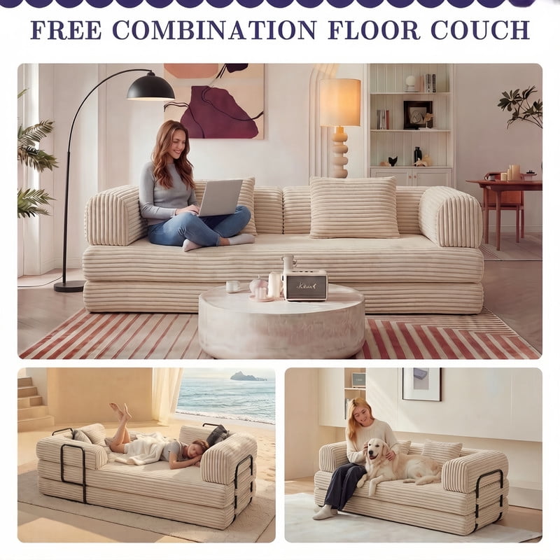 Compression Folding Boneless Sofa, Convertible Floor Sleeper Sofa, Futon Couch Bed, Modular Foam Frame Loveseat