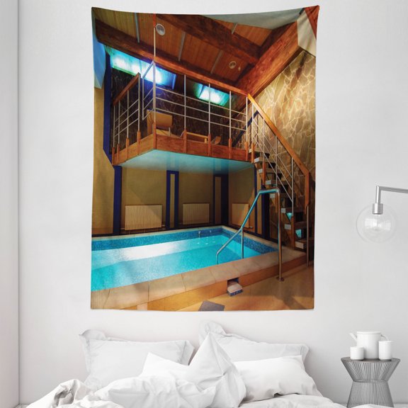Holdiay Tapestry, Swimming Pool Photography with Stairs Exotic Vacation Theme Tropical Summer Days, Wall Hanging for Bedroom Living Room Dorm Decor, 60"W X 80"L, Multicolor, by Ambesonne