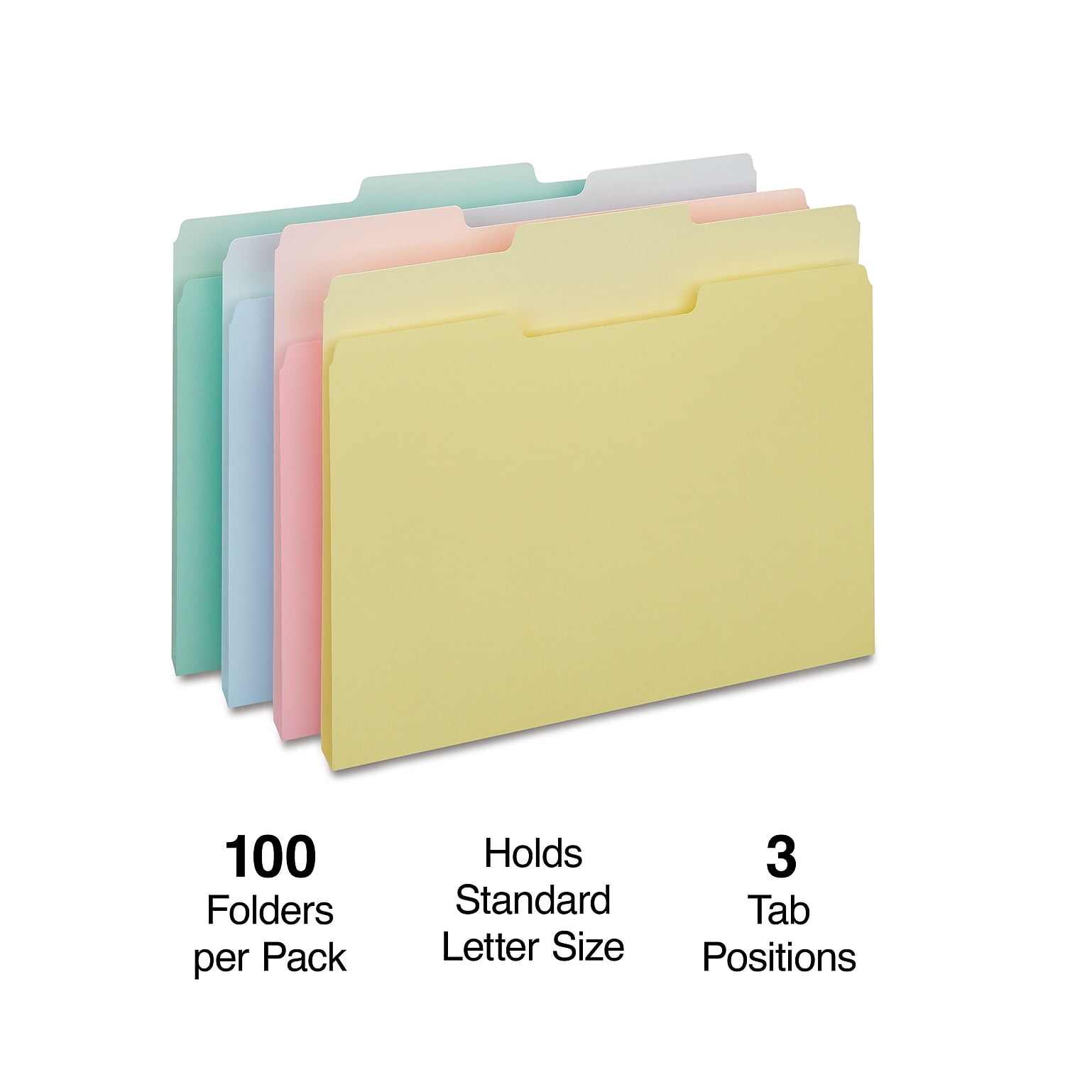 MyOfficeInnovations Top-Tab File Folders 3-Tab Letter Assorted Pastel Colors 100 Per Box 459684