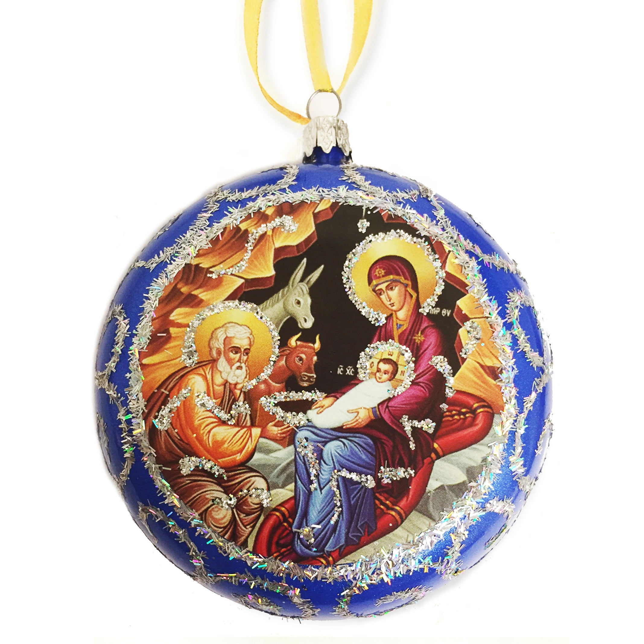 Nativity With Angels Blue Religious Christmas Ornament 4 3//4/" Gold