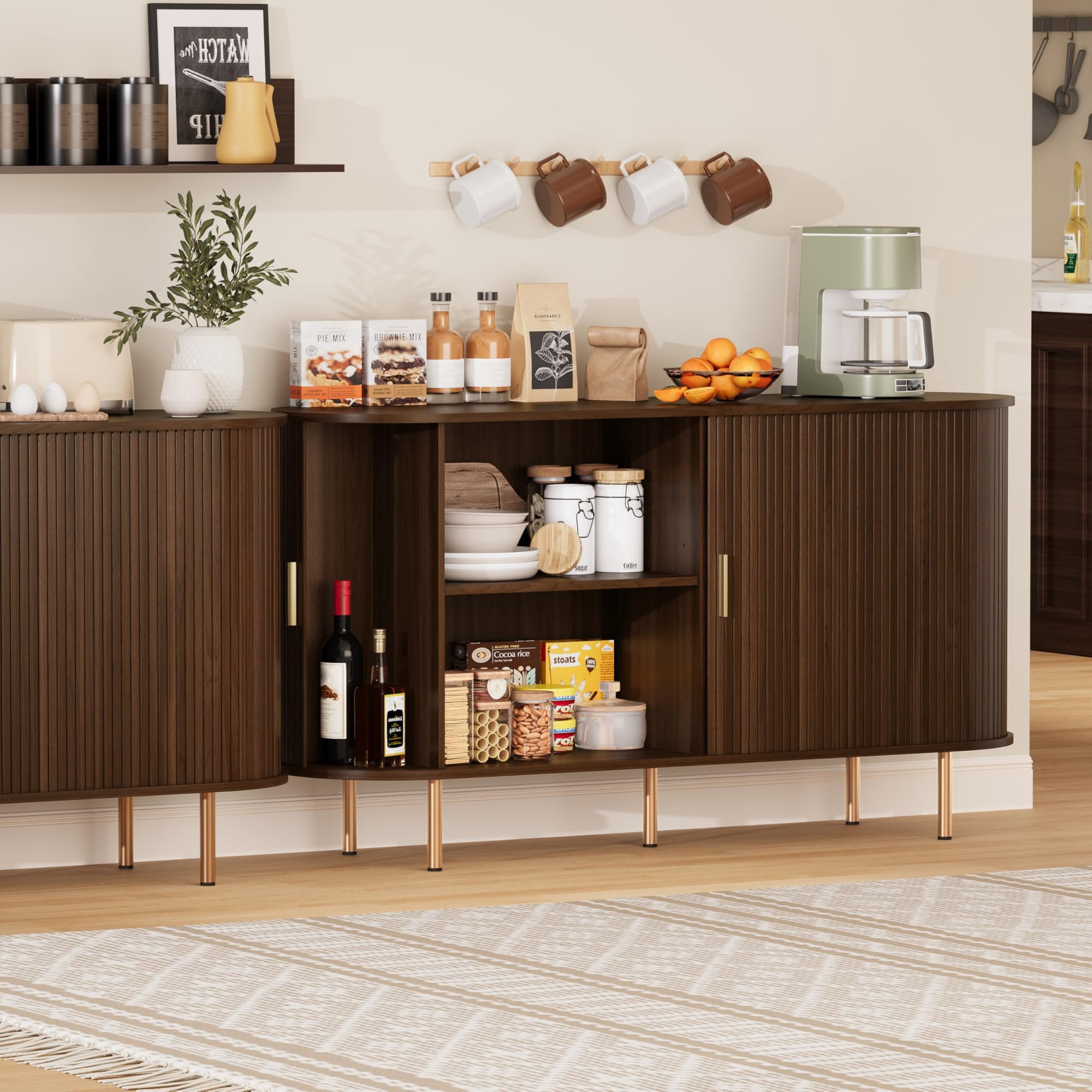 Mid Century Modern Sideboard Buffet Cabinet, 55 Inch Fluted Coffee Bar Console with Tambour Sliding Doors, Coffee