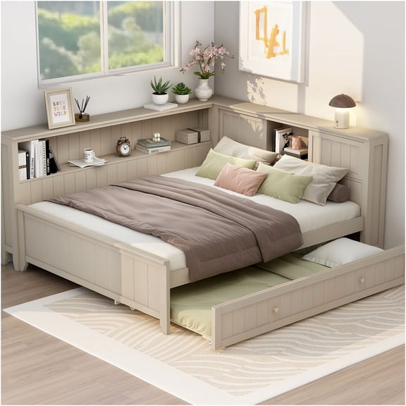 JERFIT Full Size Daybed with Trundle and Storage, Farmhouse Style Bed Frame with Shelves Drawers, No Box Spring Needed, Ancient White