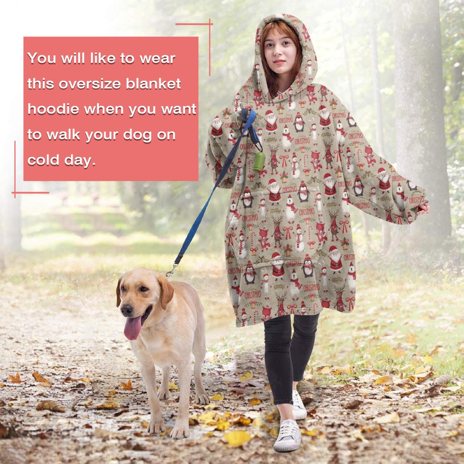 Wearable Oversized Blanket,Beige Christmas Character Pattern Wearable Blanket Hoodie for Adults,Cozy Hooded Blankets with Super Pockets,Super Warm Fuzzy Pullover for Women & Men