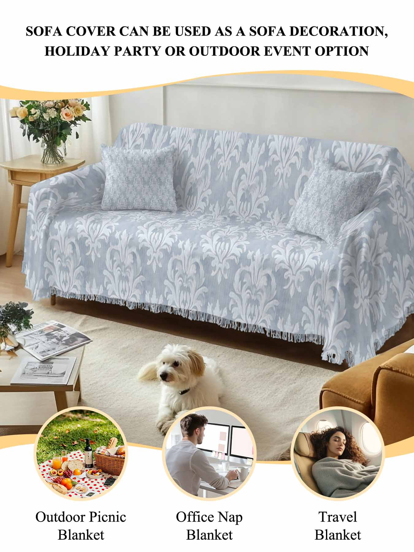 Haze Blue Boho Couch Cover, Neutral Middle Century Turkish Pattern Sofa Cover Blanket for 1 Seat Cushion,Sectional Sofa Slipcover Furniture Protector for Living Room Bedroom 71''x91''