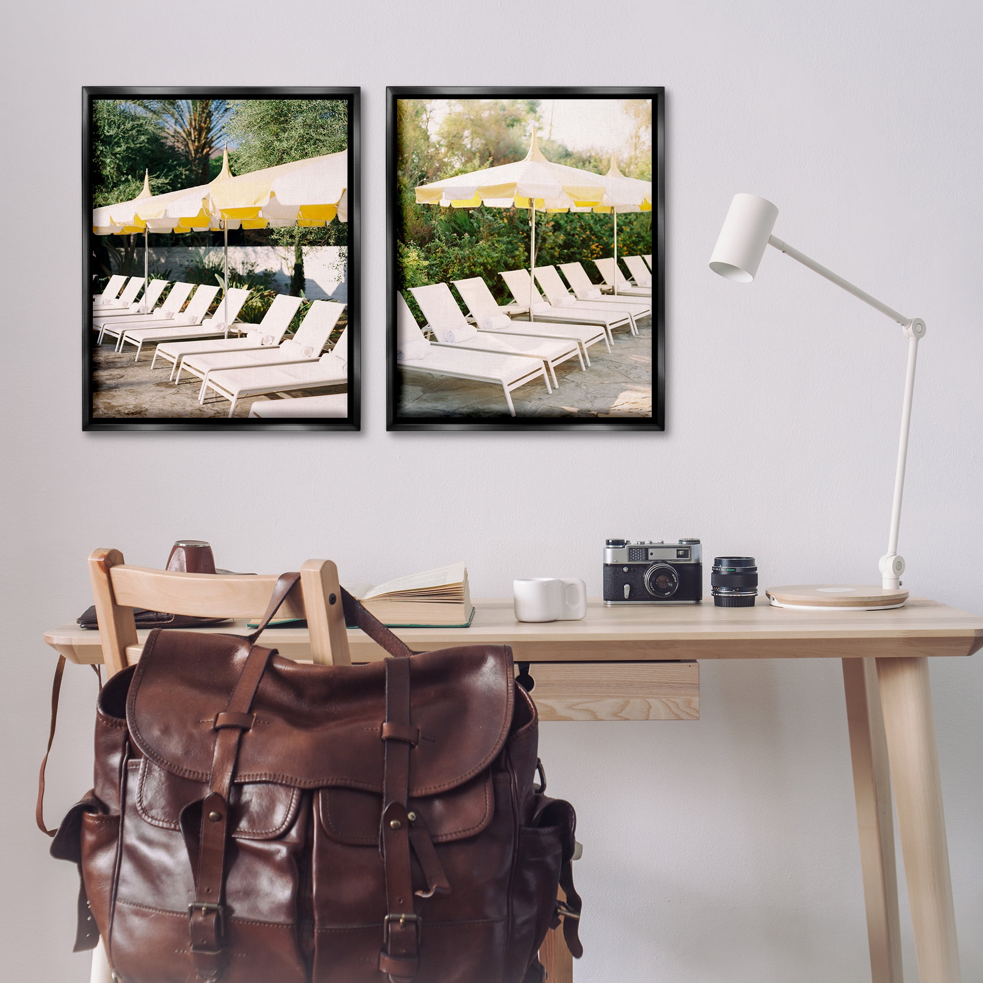 Stupell Industries Chaise Lounges with Umbrellas Nautical & Beach Photography Black Floater Framed Canvas Art Print Wall Art, 31 x 25, Set of 2