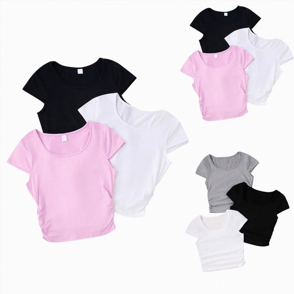 Splozh Girls Short Sleeve T Shirts 7-12 Years 3PCS Kids Summer Tops Cute Casual Cotton Basic Tees Girls Summer Casual Tops Girls Tees Grey,8-9 Years