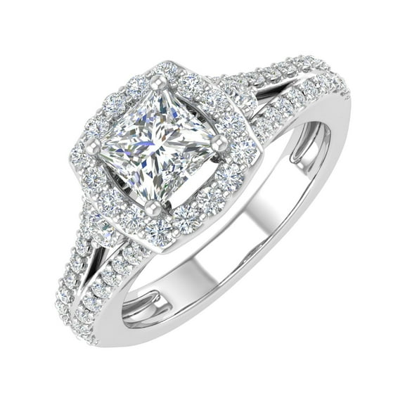 1.15 Carat Round and Princess Cut Diamond Halo Engagement Ring in 14K White Gold (Ring Size 7)