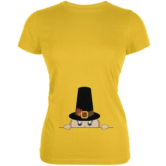 Peeking Baby Thanksgiving Pilgrim Yellow Juniors Soft T-Shirt - Large