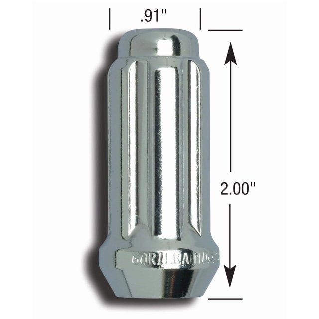 Gorilla Lug Nut 26108HT Small Diameter Duplex; 14 Millimeter x 2 Thread Size; Conical Seat; Spline Drive Lug; 2 Inch Overall Length; Spine Drive; Requires 6 Spline Tool See Required Parts