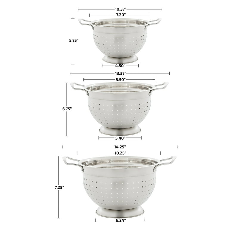 Ovente Stainless Steel Deep Colander 3 Piece Kitchen Strainer Set, Dishwasher Safe 1.5, 3, and 5 Quart Bowl Drainer with