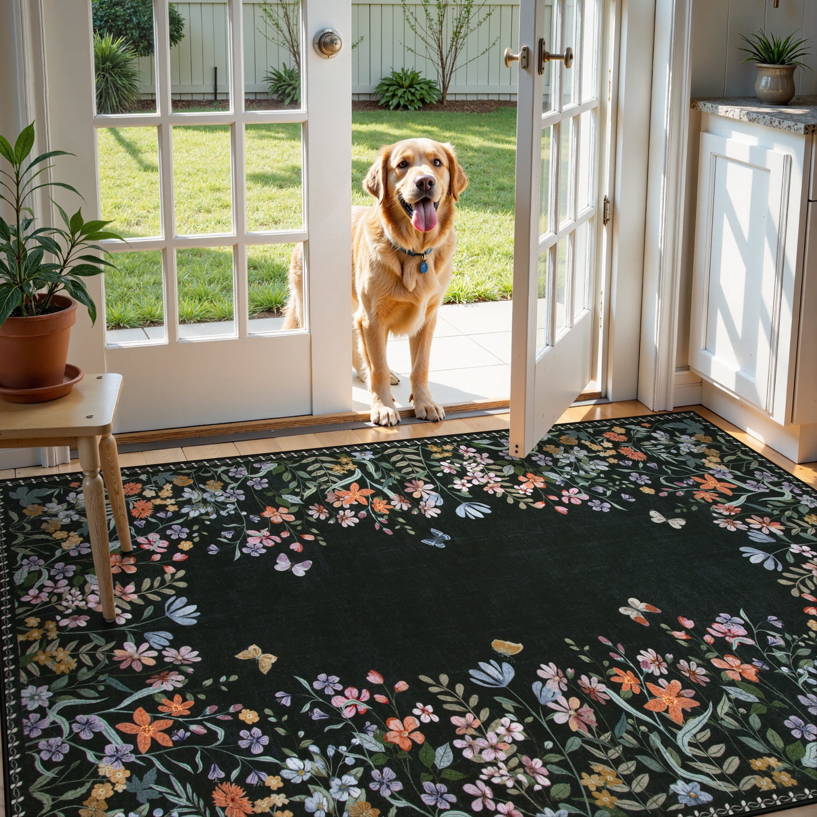 Wonnitar 4'x6' Floral Area Rugs for Living Room, Washable Rugs for Bedroom Stain Resistant Black Vintage Throw Rugs for Dining Home Office Room Sunroom, Soft Non Slip