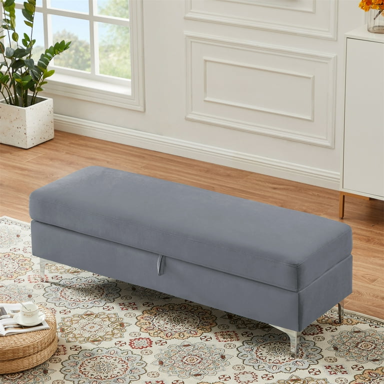 Velvet Storage Ottoman Multi functional Rectangle End of Bed Bench with Metal Feet for Bedroom Hallway 55.9 L x 18.9 W x 17.52 H Dark Gray