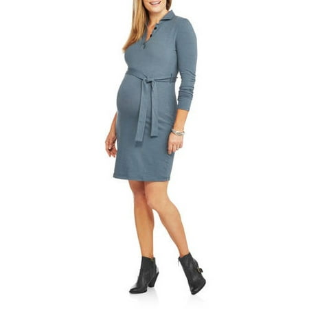 Maternity Long Sleeve 3 button placket collared dress with tie belt