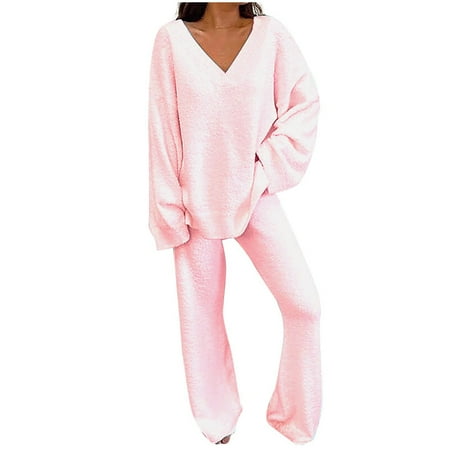 

Womens Pajama Suits Long Sleeve V Neck Top with Lounge Pants Trousers Two Piece Outfit Sets Pajamas Set Sleepwear