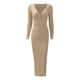 thumbnail image 4 of Vestido de punto acanalado con cuello en V para mujer - Vestido midi ajustado de manga larga para fiestas informales y para el invierno, 4 of 5