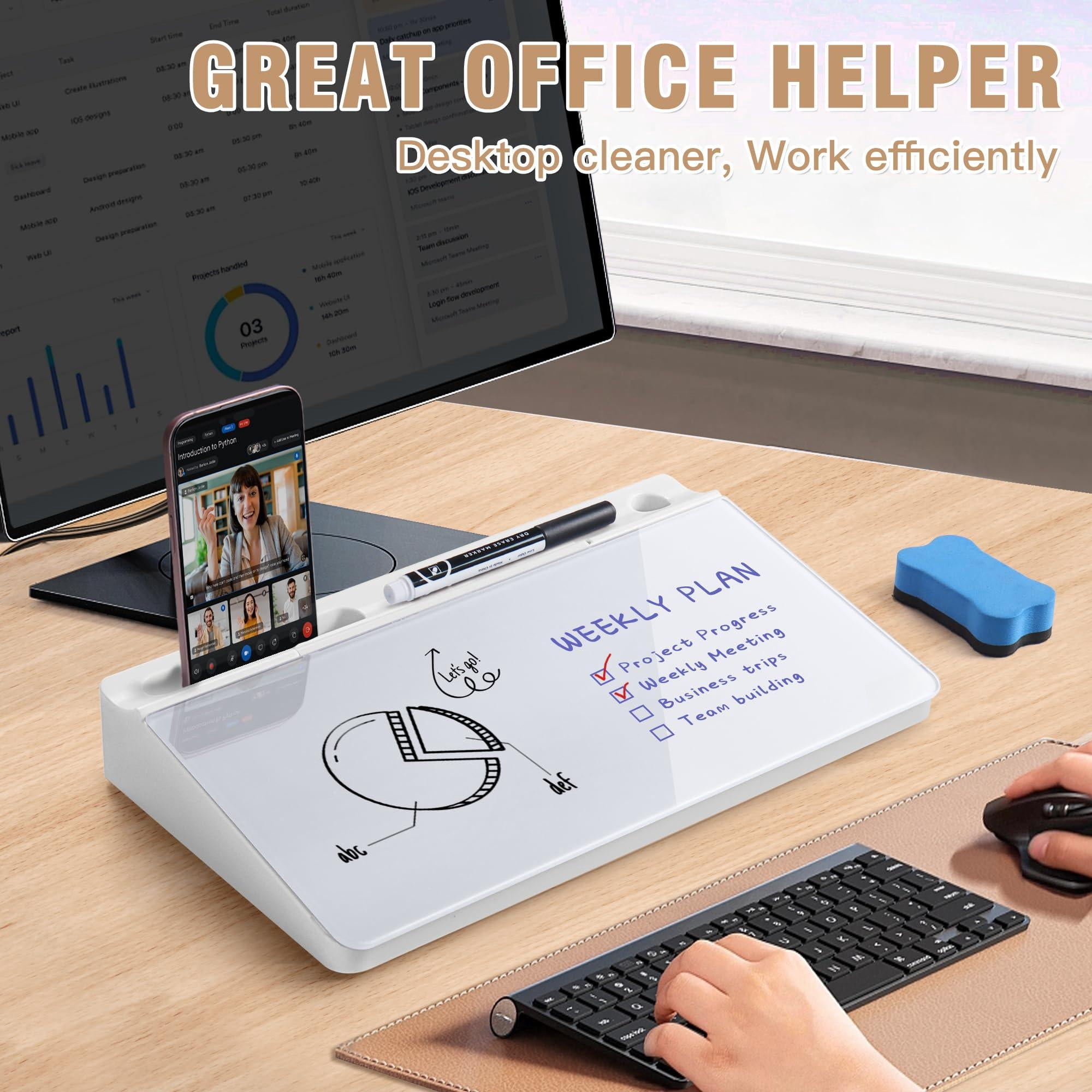Desktop Glass Whiteboard With Storage  Small Dry Erase White Board Computer Pad Stand For Home School Office Desk Accessories -