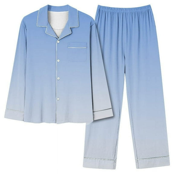 IROINNID Pajamas for Women Loose Fit 2PC Pjs Long Sleeve Button Down Blouse Pants Gradient Comfortable Sleepwear Set with Pocket,Light Blue
