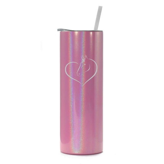 20 oz Skinny Tall Tumbler Stainless Steel Vacuum Insulated Travel Mug Cup With Straw Heart Horse (Pink Iridescent Glitter)