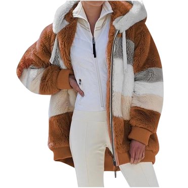 Trench Coats for Women Long Sleeve Casual Outwear Jackets Ladies Winter Hooded Top Loose Long-sleeve Jacket Plush Coat with Zipper Cardigans For Women(Coffee,4XL)