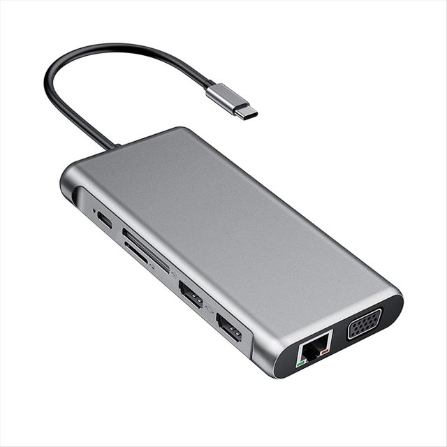 Concentrador USB Tipo C 12 en 1. Adaptador Tipo C A 2 , VGA 4K, RJ45, LAN, Ethernet, SD, TF, PD, USB-C 3.0, Audio/Micrófono de 3,5 mm.