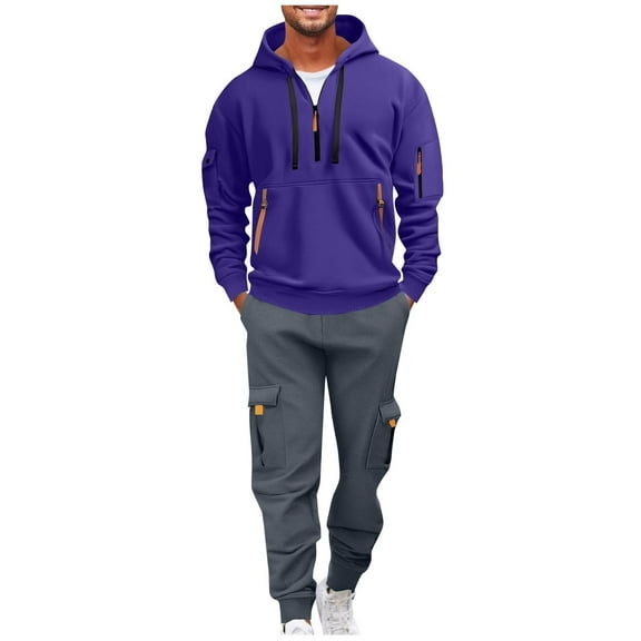 Atogsazn Men's Cargo Sweatsuit Quarter Zip Pullover Sweatshirt Sweatpant Sets 2 Piece Tactical Outfit Hiking Set 01-Purple M Fashion