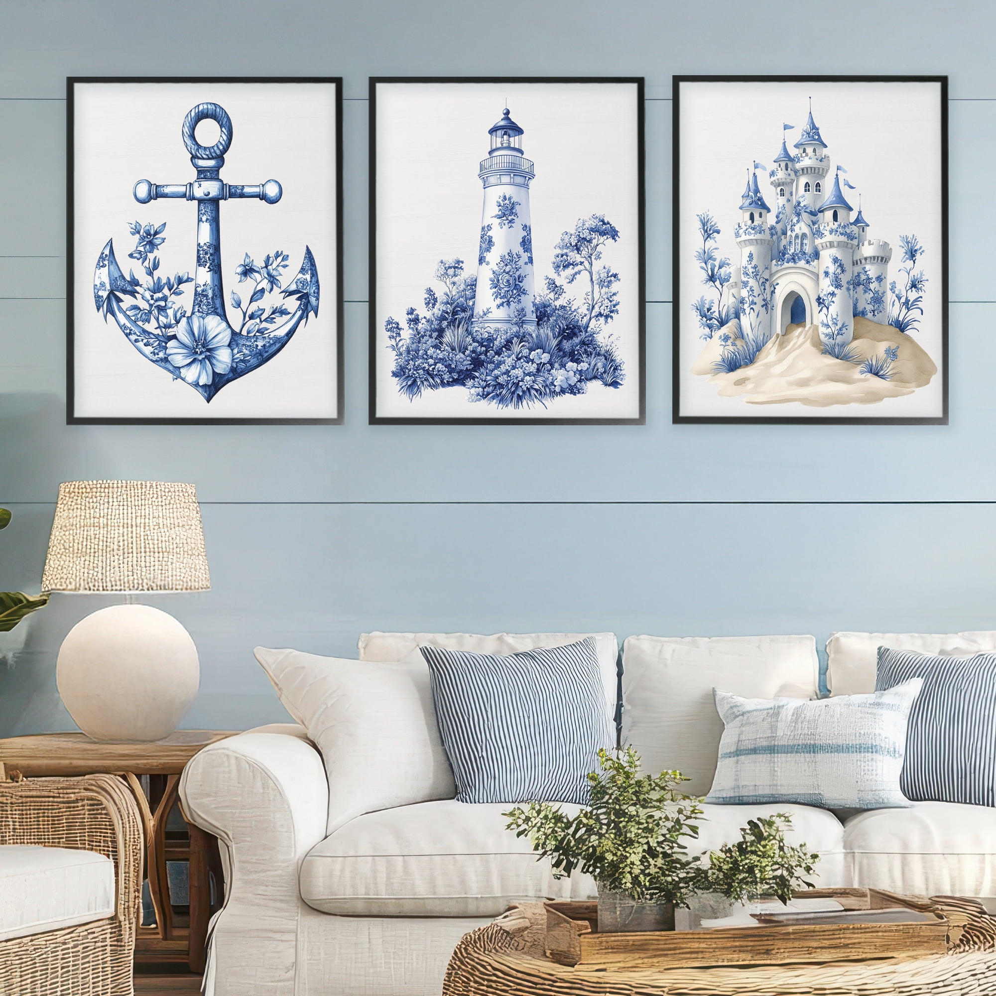 Ornate Nautical Toile Patterns 3 Piece Black Framed Giclee Art Set, design by Lettered and Lined