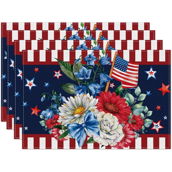 Linen Watercolor Red White and Blue Poppies Stars Patriotic Placemats Set of 4 4th of July Memorial Day Veterans Day Patriotic Decoration and Supplies for Home