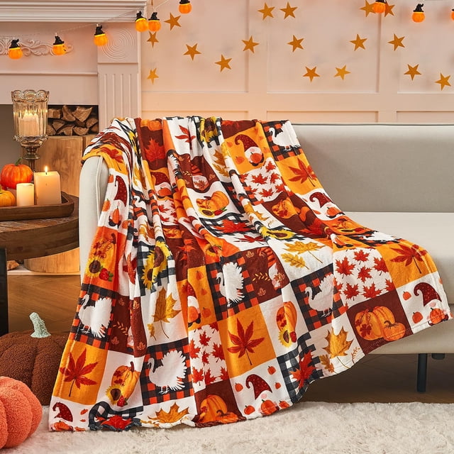 Manta de Franela con Estampado de Calabazas y Girasoles, Ideal para Siestas, Viajes y Como Edredón Portátil.