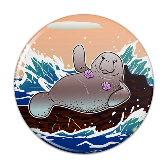 Waving Manatee Mermaid On Rocks And Waves Funny Pinback Button Pin