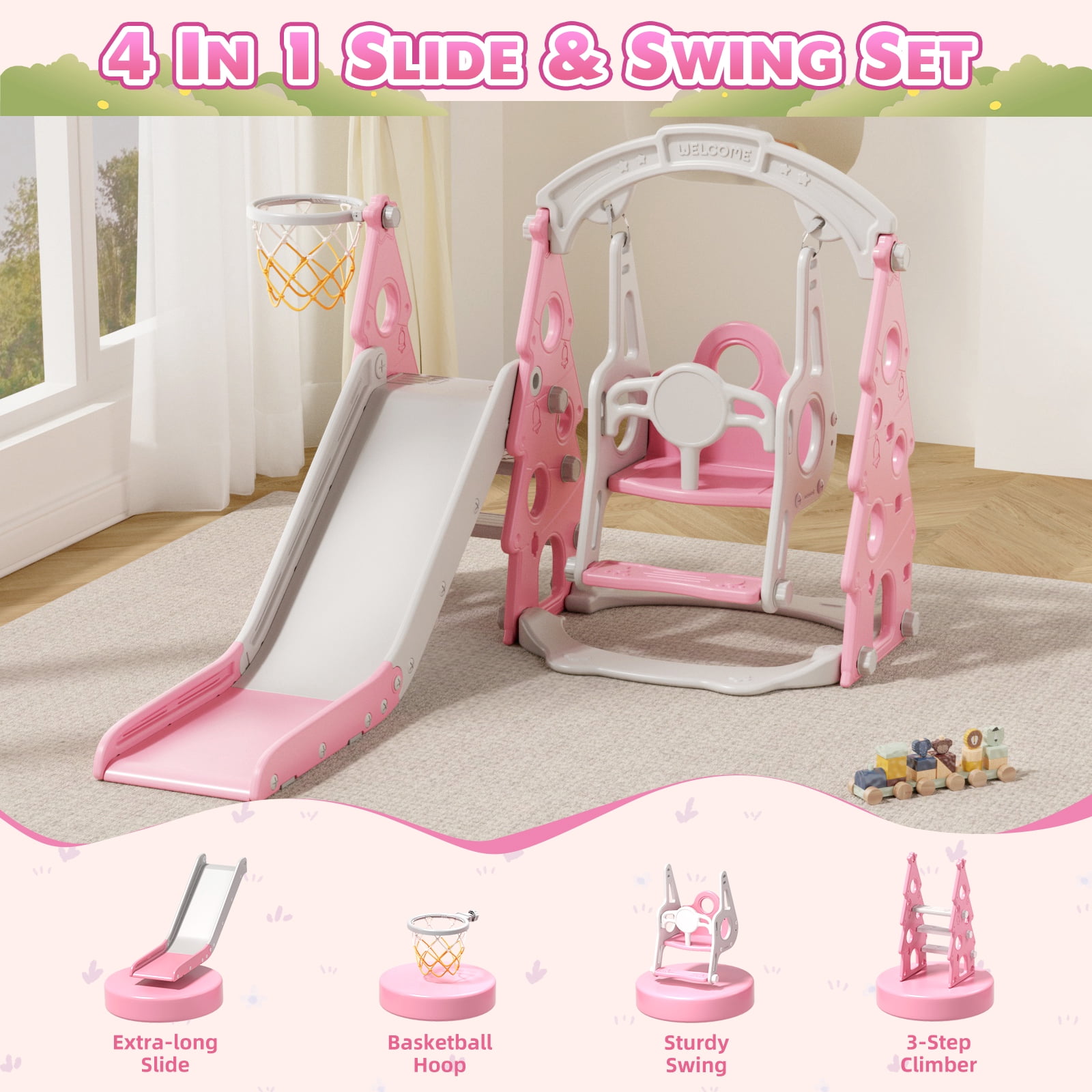 XJD 4-in-1 Toddler Slide and Swing Set, Kids Indoor Outdoor Playset with Basketball Hoop, Backyard Playground for Toddlers 1-3 Years Old, Pink