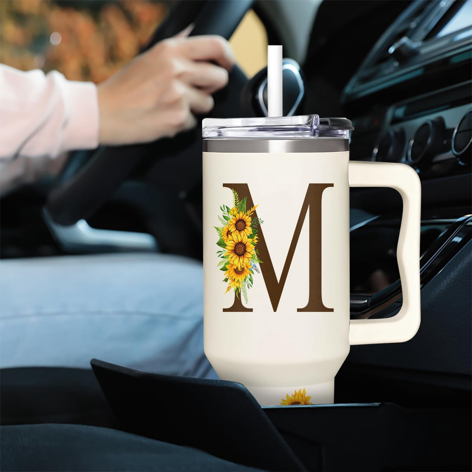 Personalized Birthday Gifts For Women - Sunflowers Monogrammed Cup For Boss Day, Christmas - Customized Gifts For Women, Mom, Wife, Coworkers, Boss Lady, Her - Custom Tumbler With Handle 40oz