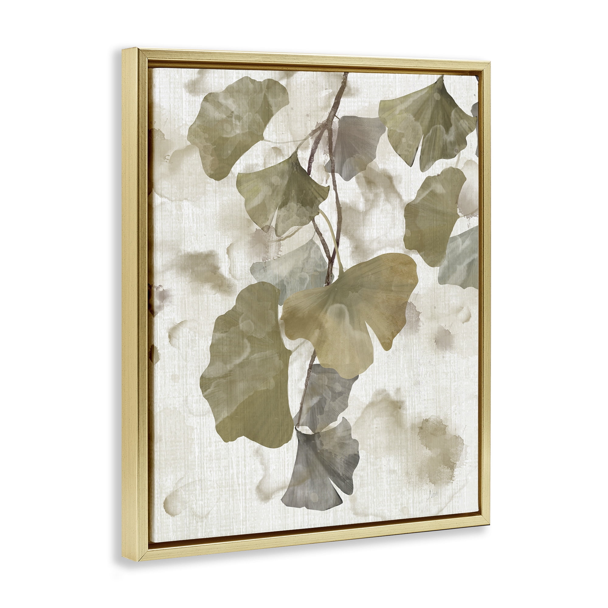 Stupell Industries Rustic Ginkgo Leaves Botanical & Floral Painting Gold Floater Framed Canvas Art Print Wall Art, 17 x 21