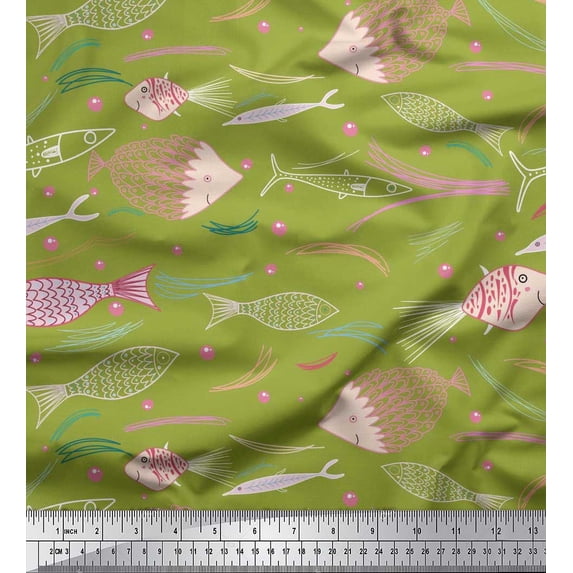 Soimoi Green Satin Silk Fabric Bubbles & Fish Ocean Print Fabric by Yard 42 Inch Wide