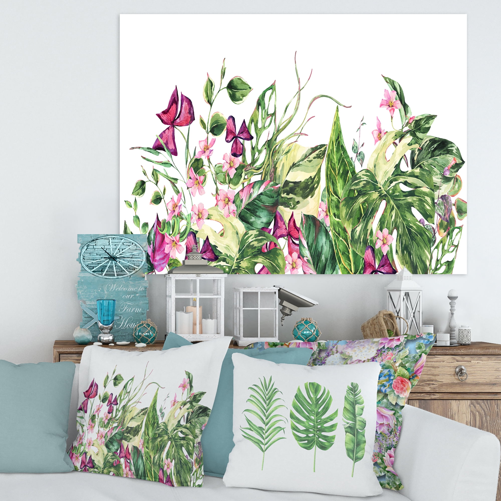 Ancient Floral Tropical Leaves I 32 in x 24 in Painting Canvas Art Print, by Designart