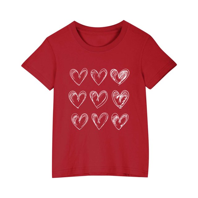 Posijego T-Shirt de la Saint-Valentin pour Garçons et Filles, T-Shirt Graphique avec Cœur, T-Shirts à Manches Courtes pour Enfants, Hauts en Coton, Vêtements